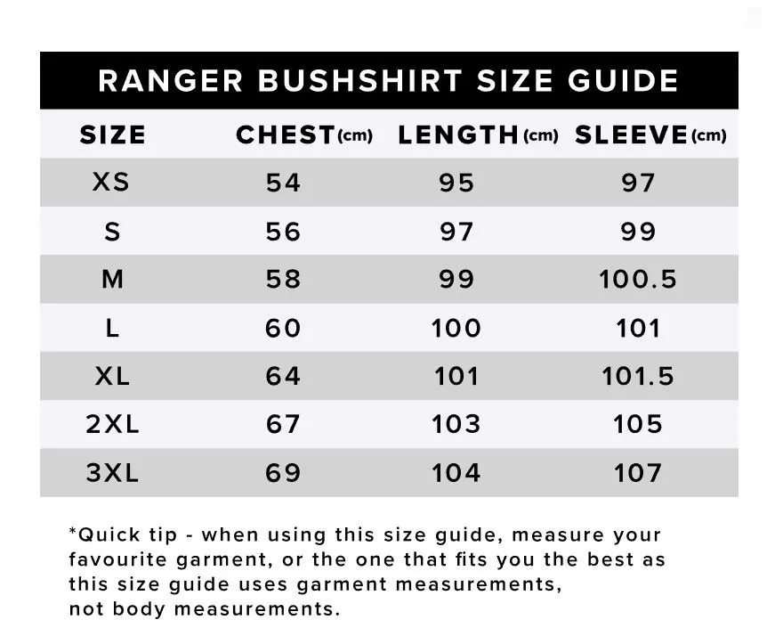 Ranger Bushshirt Size Guide
